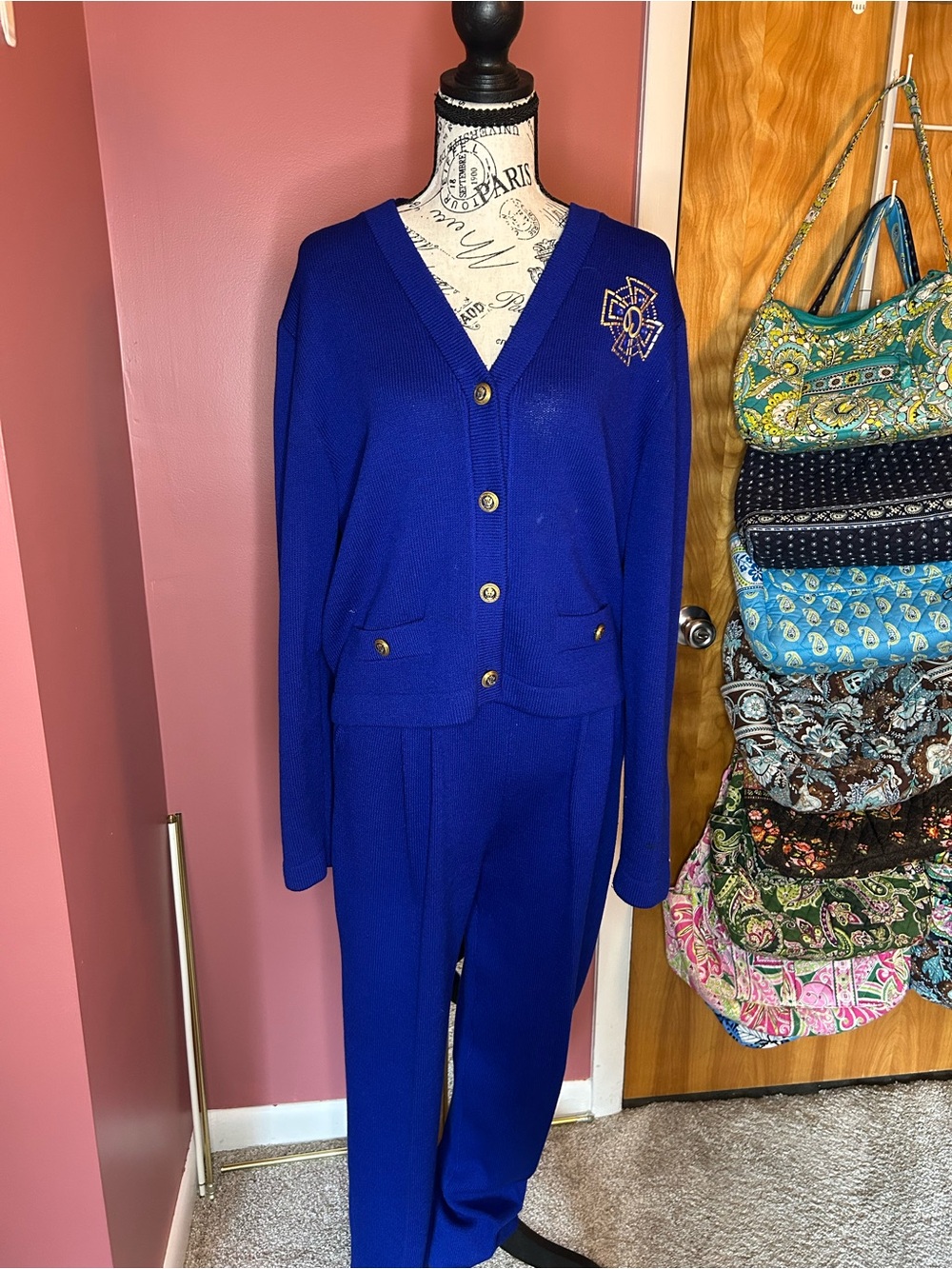 St. John Cobalt Blue Knit Vintage Cardigan and Pants Set